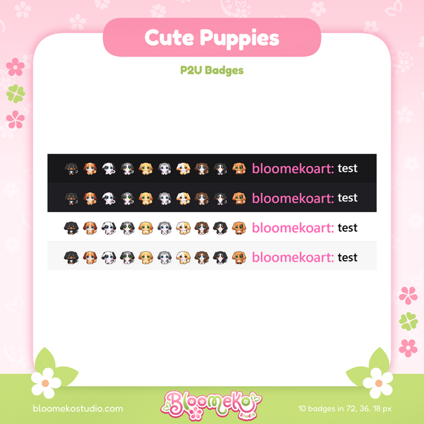 10 Cute Puppies Badges + 14 Flairs for Twitch | Dogs | Chibi | Sub & Bit Badges