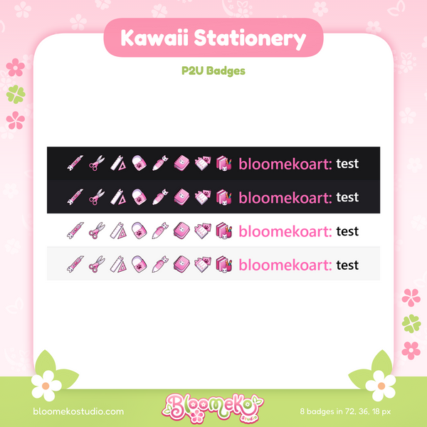 8 Kawaii Stationery Badges for Twitch (pink) | Cute Sub & Bit Badges