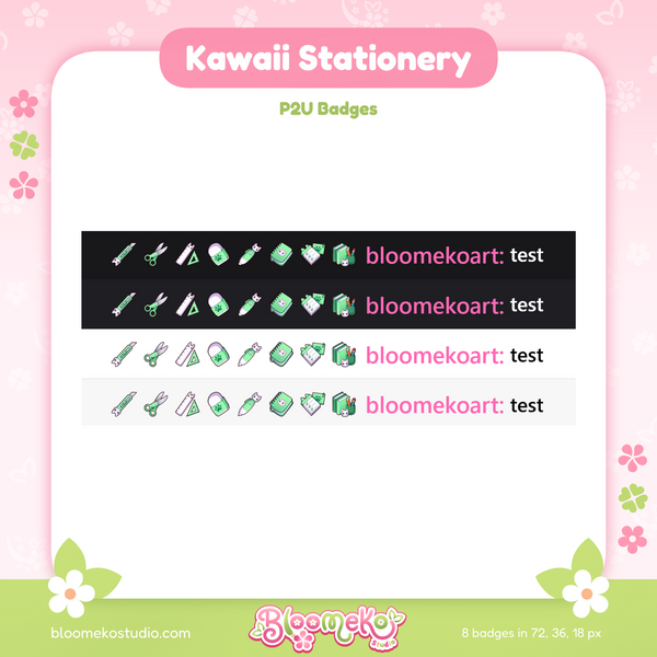 8 Kawaii Stationery Badges for Twitch (green) | Cute Sub & Bit Badges