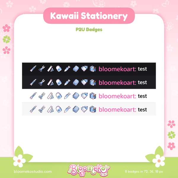 8 Kawaii Stationery Badges for Twitch (blue) | Cute Sub & Bit Badges