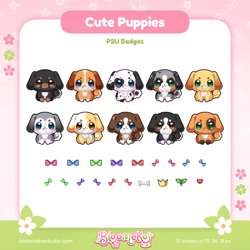 10 Cute Puppies Badges + 14 Flairs for Twitch | Dogs | Chibi | Sub & Bit Badges