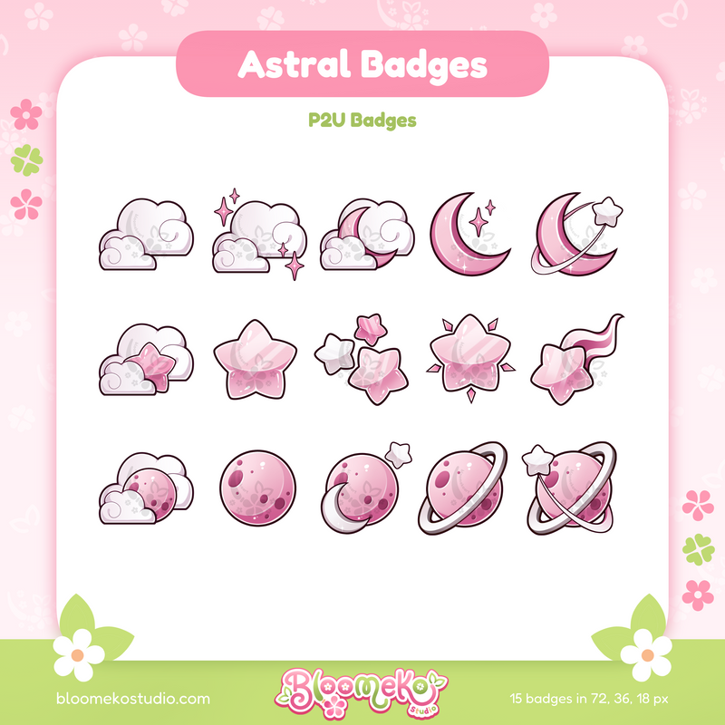 15 Astral Badges for Twitch (pink) | Cosmic | Celestial | Stars | Cute Sub & Bit Badges