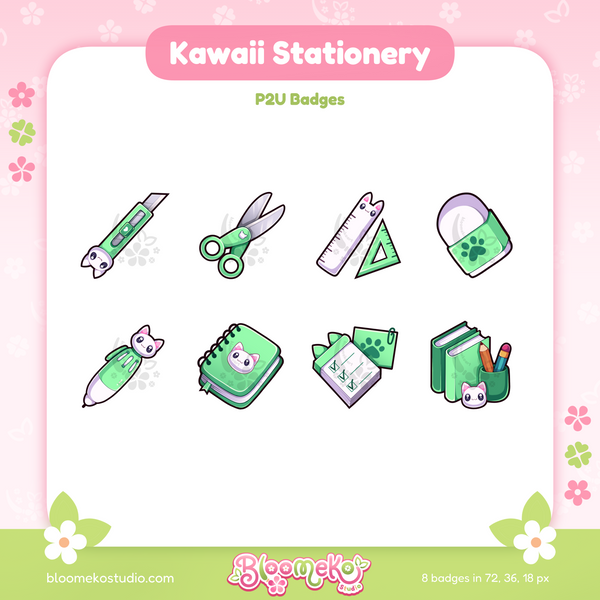 8 Kawaii Stationery Badges for Twitch (green) | Cute Sub & Bit Badges