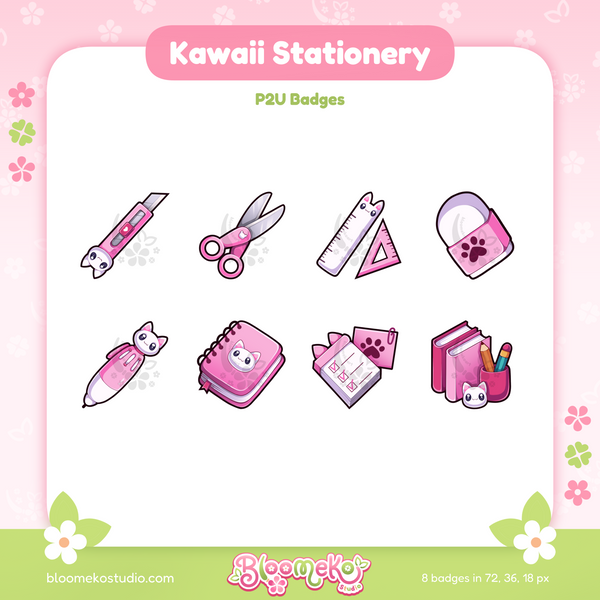 8 Kawaii Stationery Badges for Twitch (pink) | Cute Sub & Bit Badges